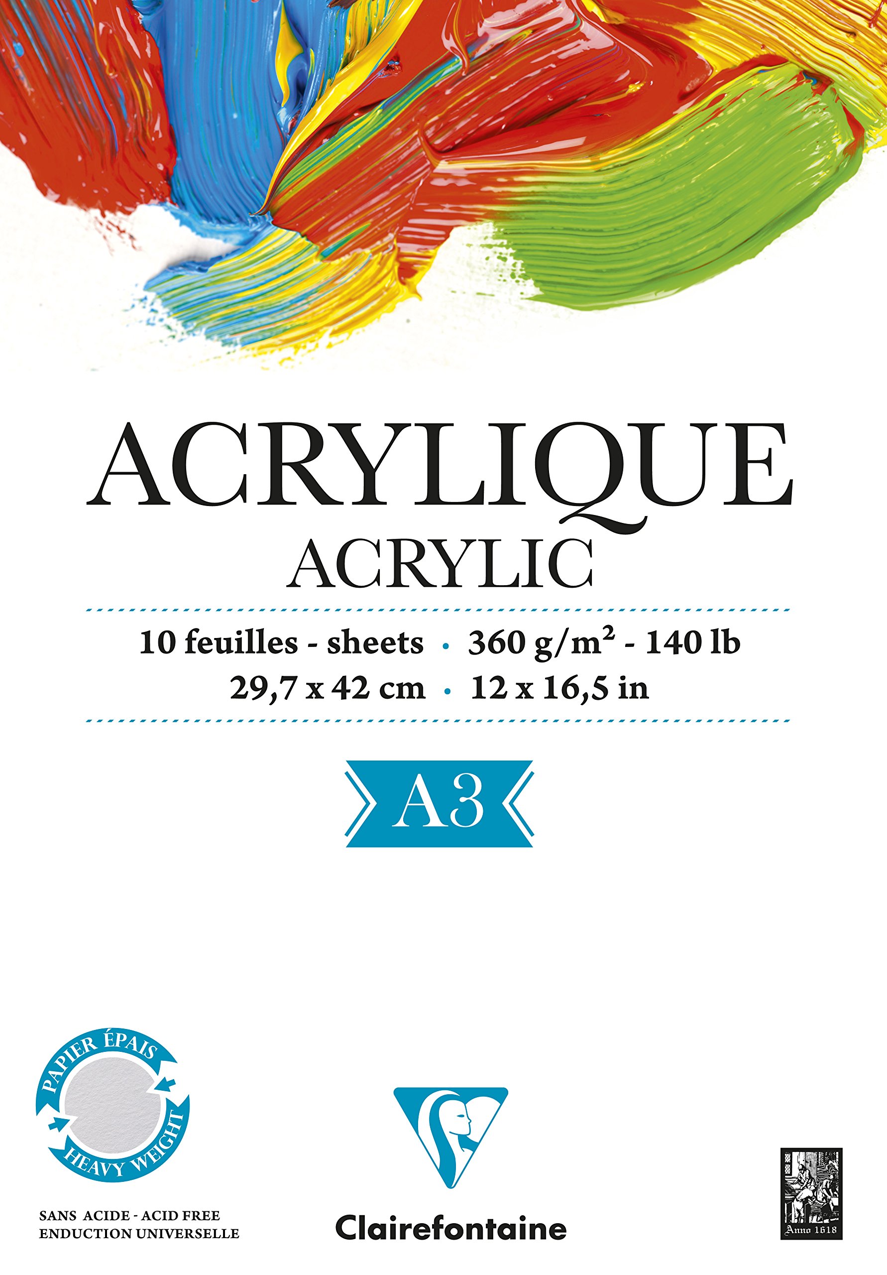 Clairefontaine - Ref 96309C - Acrylic Paper Pad (10 Sheets) - A3 (297 x 420mm) in Size, 360gsm Paper, Acid Free, pH Neutral - Suitable for Use With Acrylic & Gouache Paints