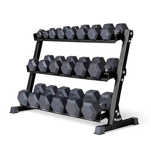 REP Fitness Rubber Hex Dumbbells, Include Black Rack, 5–50 lb Weight Pairs,  Heavy-Duty Sets, Textured Handles, Bundled Package for Men Women, Home
