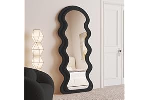 BOJOY Full Length Mirror 63"x24", Irregular Wavy Mirror, Wave Arched Floor Mirror, Wall Mirror Standing Hanging or Leaning Against Wall for Bedroom, Flannel Wrapped Wooden Frame Mirror-Black
