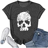 Skull Shirts for Women Gothic Skeleton Print Vintage Graphic Casual Cotton Tops Funny Workout Athletic Shirts
