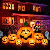 8FT Halloween Inflatable Pumpkin Decor,Witch Hat Black Cat Yard Halloween Parties,LED Blow Up Pumpkin Decorations for Holiday Party,Garden, Lawn, Yard, Patio Décor