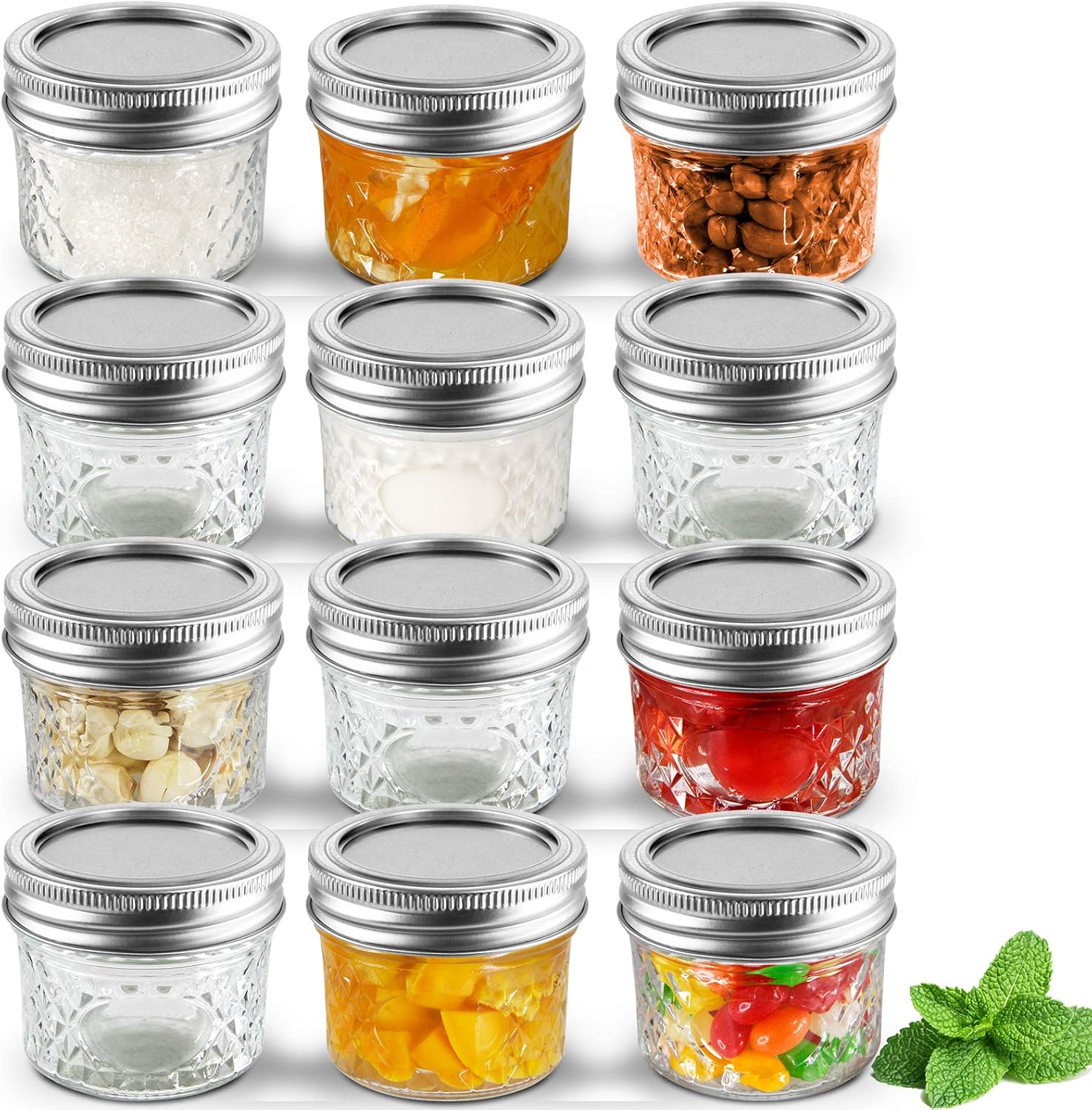Small Mason Jelly Glass Jars 4 OZ [12 Pack] Regular Mouth Mini Mason Jars With Lids and Bands, Crystal Glass Jars For Spice, Canning, Food Storage, Yogurt, Jam, Body Butters, Jelly,Wedding Favors, Baby Food (12, 4 OZ)
