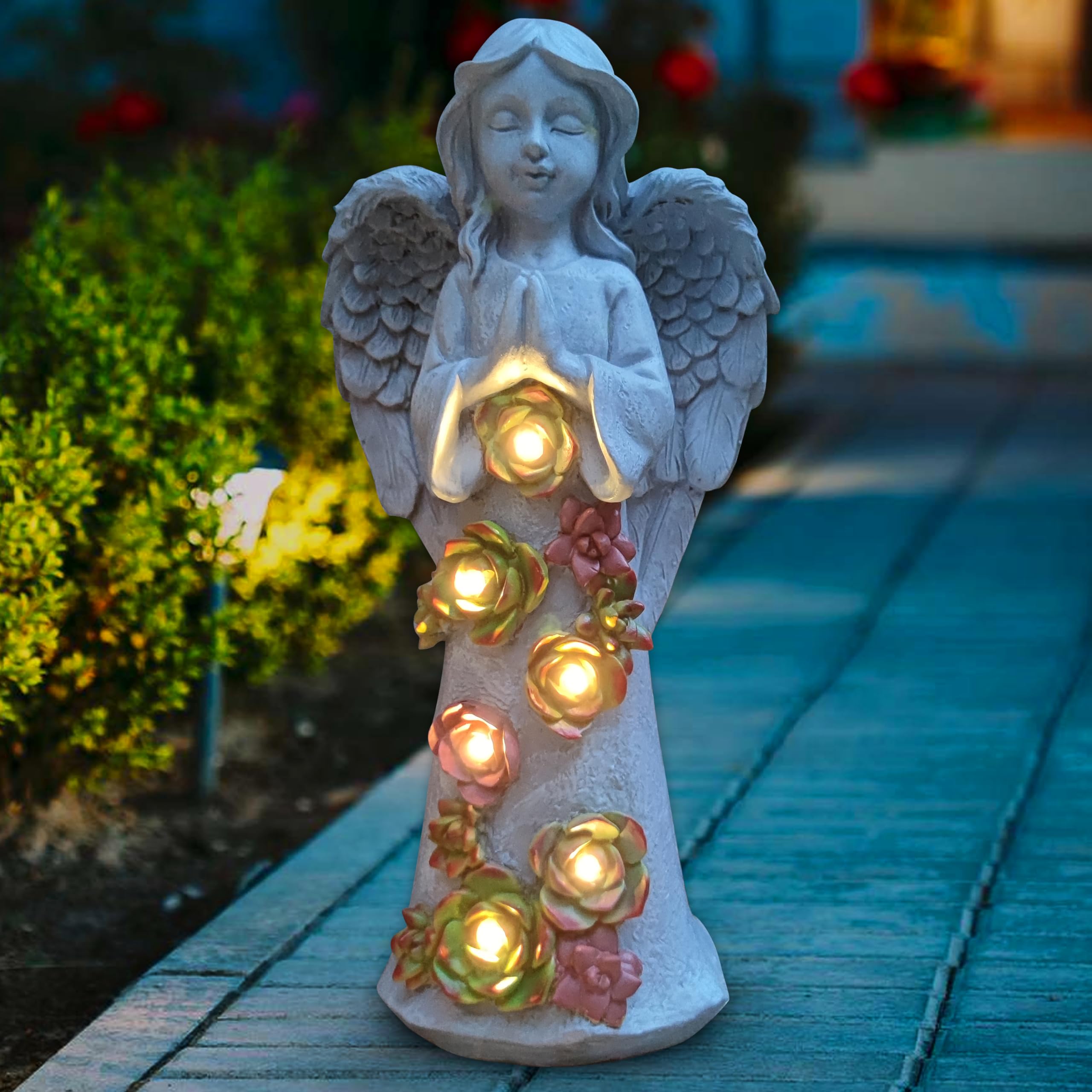 VIOYOUNS Angel Solar Garden Outdoor Statues with Succulent Plants and 6 ...