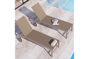 JY QAQA PET QAQA 2 PCS Outdoor Chaise Lounge with Wheels, Aluminum Patio Lounge Chair with 5 Adjustable Positions for Poolside, Beach, Yard, Khaki