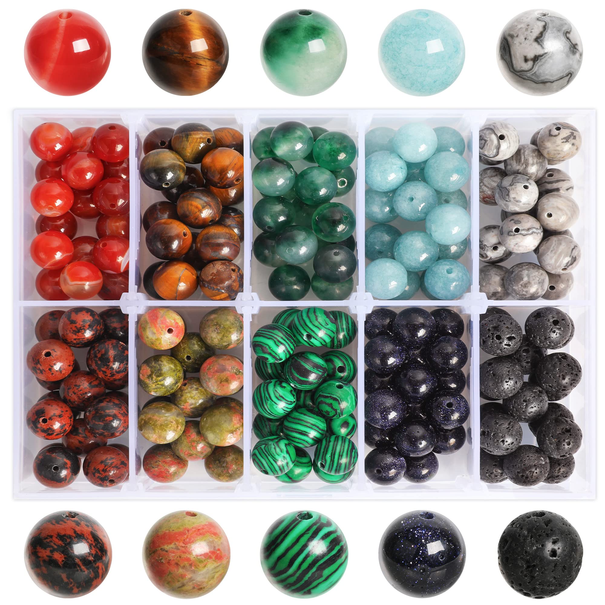 SOSMAR 170pcs Stone Beads, 10mm Crystal Round Beads for Jewelry Making, Lava Bead/Tiger Eye/Red Agate/Aquamarine/Jasper Craft Beads for Bracelet Necklace Making, 10 Colours DIY Smooth Stone
