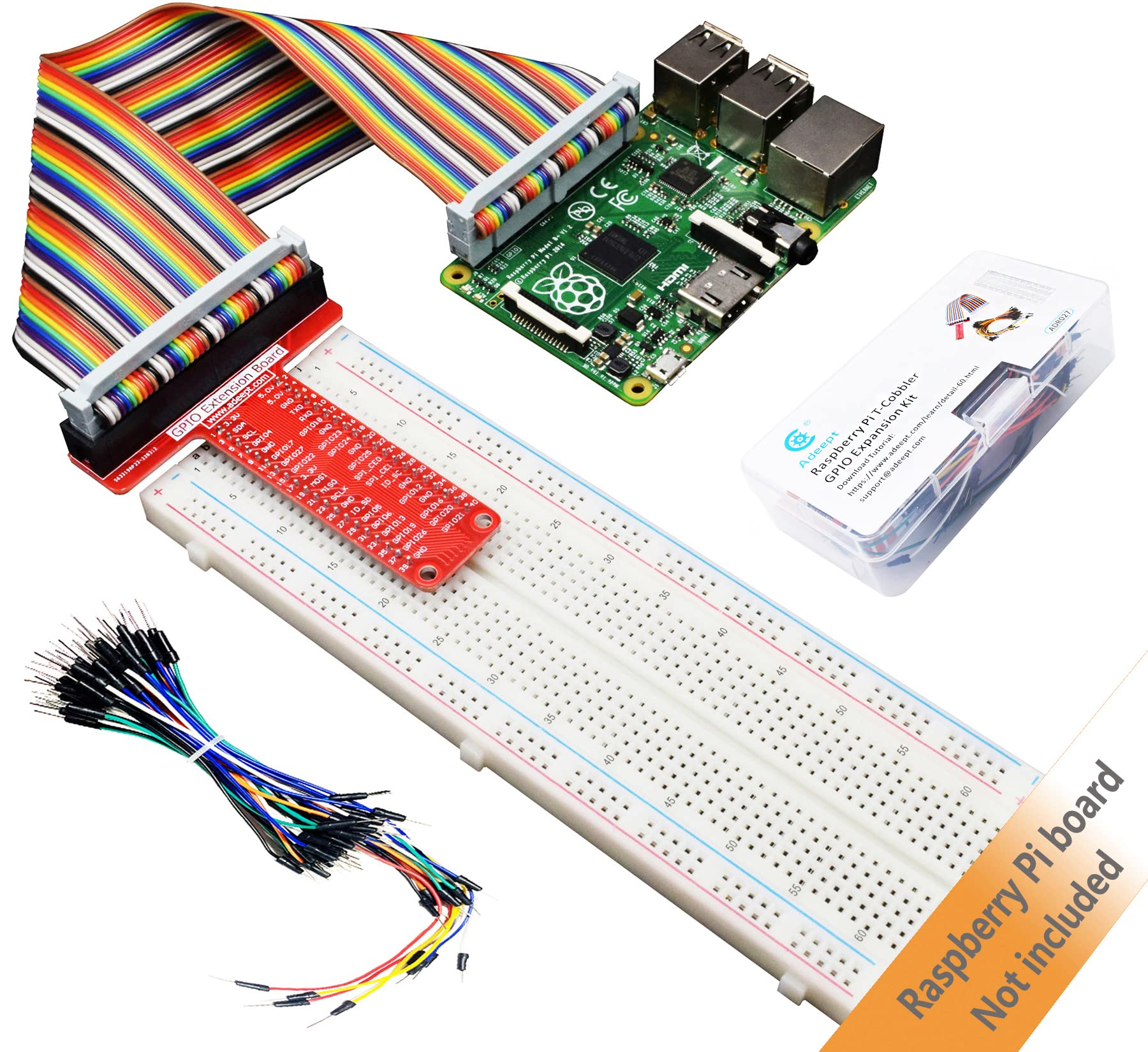 Adeept GPIO Expansion Kit for Raspberry Pi T-Type GPIO Breakout Expansion Board + 830 Points Solderless Breadboard + 40pin Rainbow Ribbon Cable
