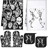 Leinuosen 6 Pcs Gothic Christmas Kitchen Decor Set, Skull Kitchen Dish Towels Spooky Christmas Oven Mitts and Pot Holders Set for Horror Creepy Xmas Party Decor Gifts(Classic Color,Skeleton)