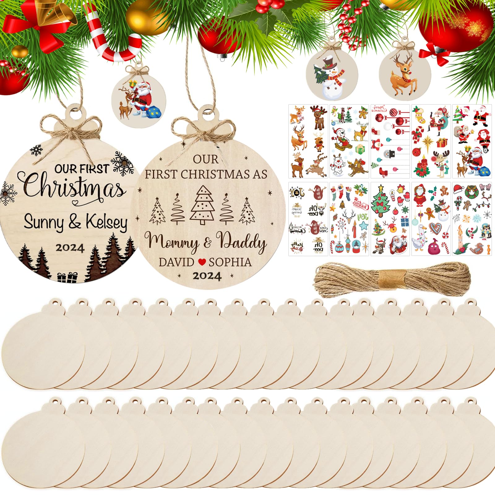 Photo 1 of 100Pcs DIY Wooden Christmas Ornaments, 2.4 Inch Wood Slices with 10 Stickers, Unfinished Predrilled Wood Circles for Crafts, Round Wooden Discs Holiday Hanging Decorations