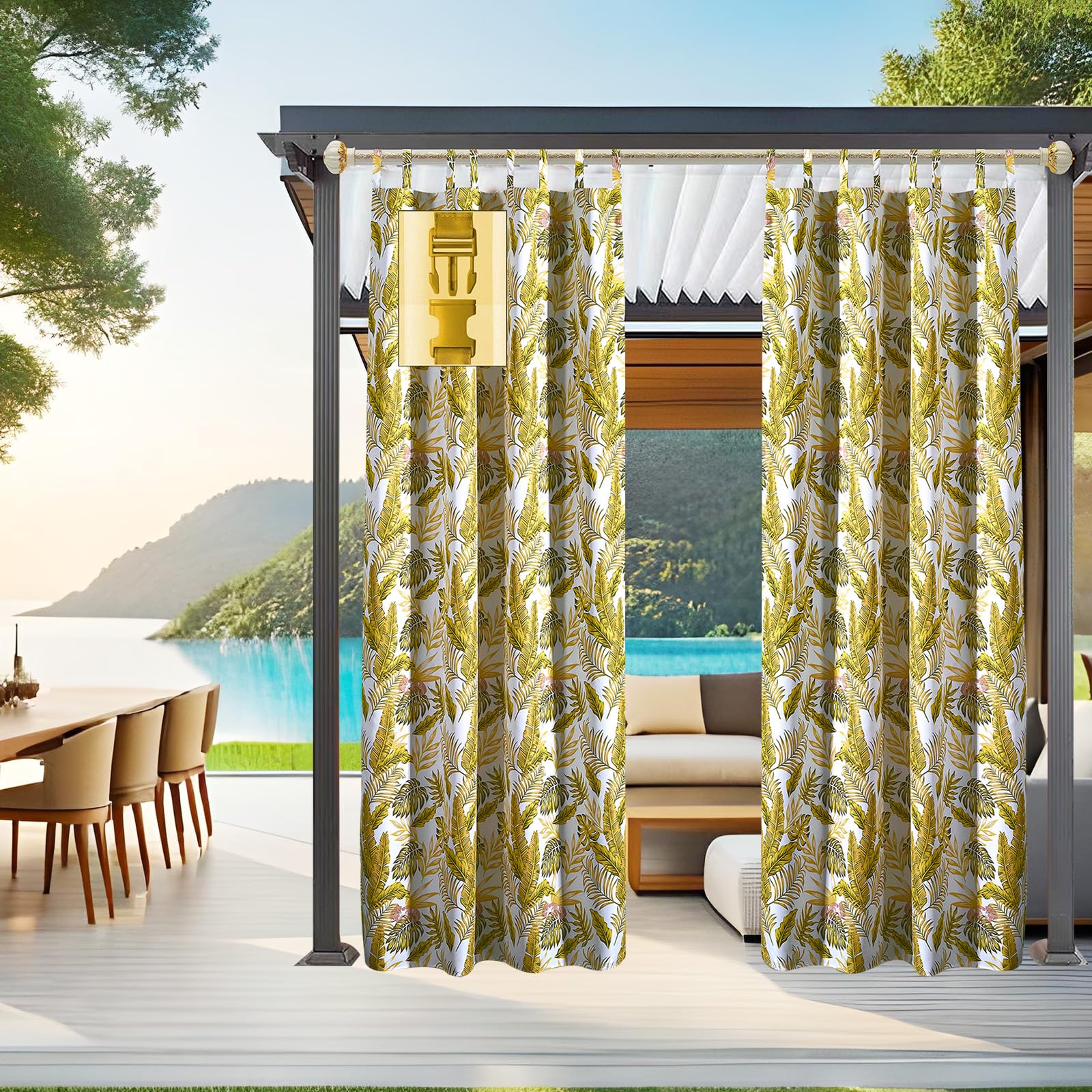 Comlax Outdoor Curtains Waterproof - 132x215 cm Tropical Leaves Printed Garden Thermal Insulation Blackout Drapes Detachable Buckle Tieback for Indoor Window and Outside Porch Pool, Balcony, Gold