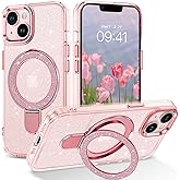 DOMAVER Magnetic Case for iPhone 13 and iPhone 14 with Stand [Compatible with Mag Safe], Glitter Translucent Slim Back Shockproof Protective Soft Cover with Bling Kickstand for iPhone 13/14- Pink
