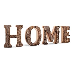 Wooden Home Letters Decor, Decorative Cutout Sign with Rustic Unfinished Bark and Hardwood Sides, Handmade Word Display for Kitchen, Living Room, Made in Germany