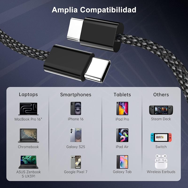 USB C para USB C Cabo de Carregamento Rápido 60W:[4 Pack 0,5M+1M+1M+2M] PD USB Tipo C Cabo de carregamento rápido Nylon entrançado Carregador de Telefone Compatível com iPhone 17 16 15 Pro Samsung S25 S24 iPad MacBook