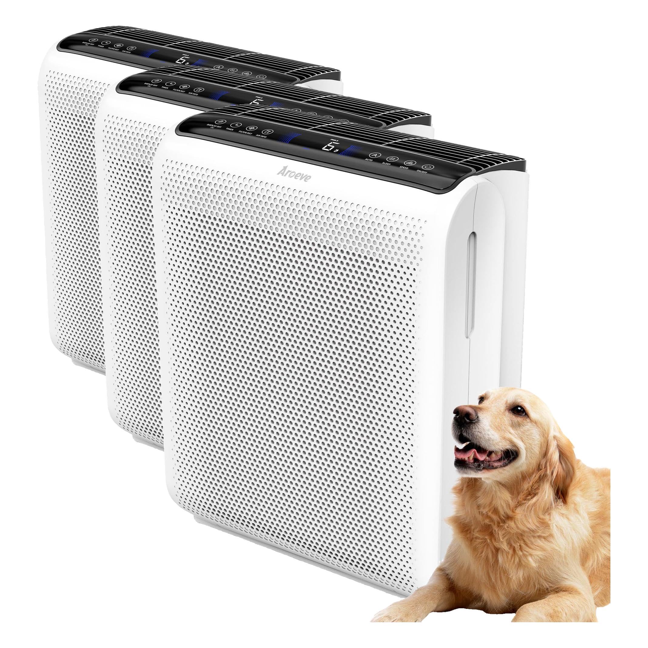 AROEVE Air Purifier for Large Rooms up to 1504 Ft² - 5 Layer Filter System for Smoke, Pollen, Allergies & Pet Dander, Features Air Monitor, Sleep Mode & Timer, MK07 White (Pack of 3) Image