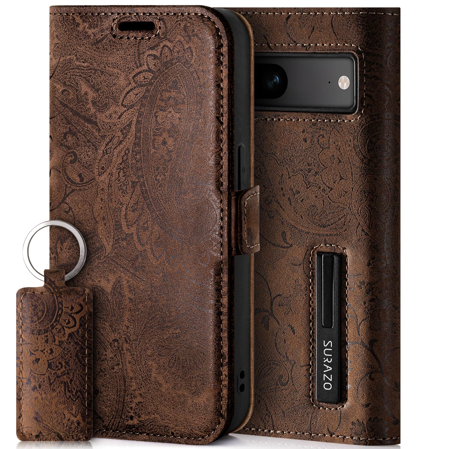 SURAZO Leather Wallet Mobile Phone Case Compatible with Google Pixel 8 - Flip & Fold Smartphone Case with Stand, RFID Blocker, Magnet Closure, 3 Slots for Bank Cards - Handcrafted European Leather