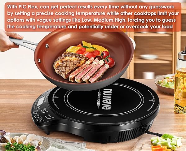 NUWAVE FLEX PRECISION INDUCTION COOKTOP, 10.25” SHATTER-PROOF CERAMIC GLASS, 6.5” HEATING COIL, 45 TEMPS FROM 100°F TO 500°F, 3 WATTAGE SETTINGS 600, 900 & 1300 WATTS, BLACK