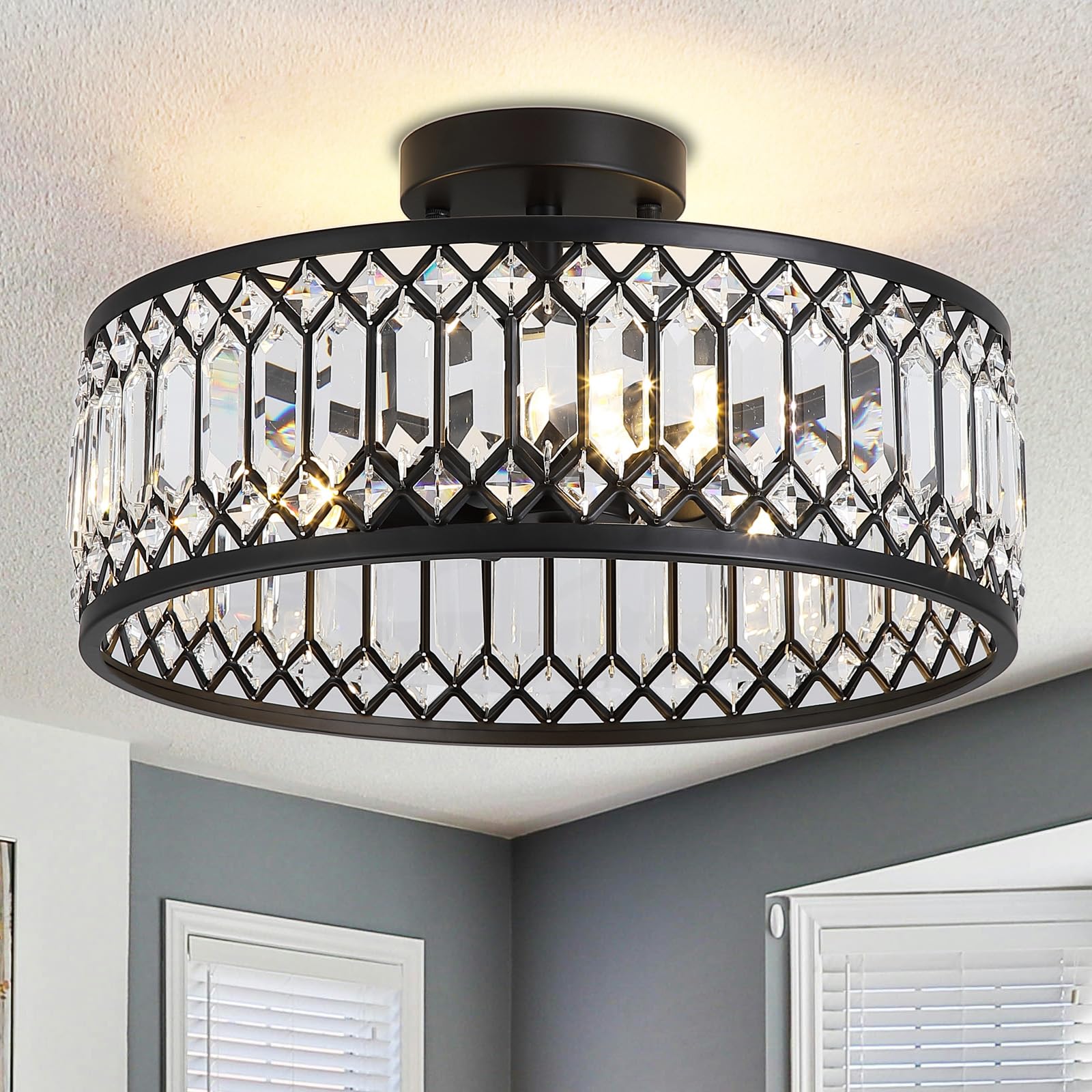 Photo 1 of 16" Black Crystal Ceiling Light, 3-Light Modern Semi Flush Mount Ceiling Light Fixture, Round Crystal Chandelier for Dining Room Bedroom Living Room Kitchen Hallway, E26 Sockets