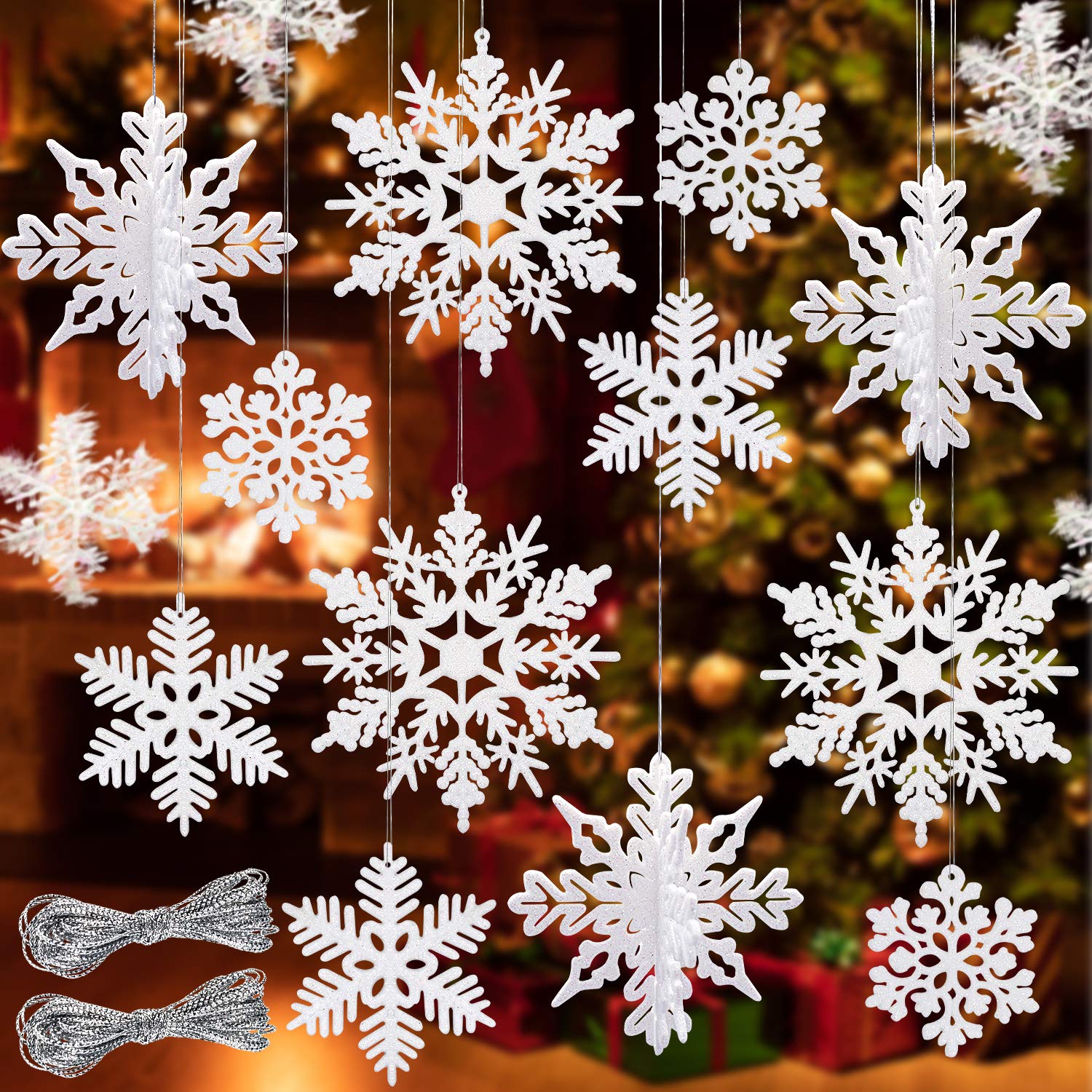 Mauts 46 pieces of white glitter snowflakes, Christmas decorations snowflakes winter Snowflakes Ornaments Christmas hanging birthday Christmas tree window door interior ornaments