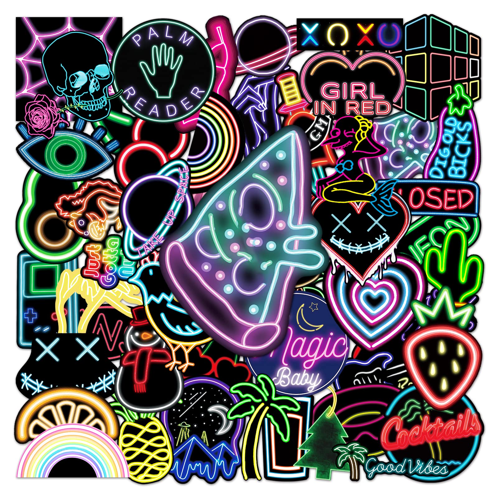 50Pcs Neon Lights Stickers for Kids, Adults, Teens - Waterproof Vinyl Stickers for Luggage, Computer, Skateboard, Bicycle, Skate, Bike - Cool No Repeat Designs (Neon Lights)