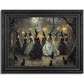 Black Framed Wall Art Gothic Witch with Black Cat Canvas Print Dark Academia Halloween Decor Picture Moody Fantasy Witch Dancing Artwork for Living Room Bedroom 9x11 inch
