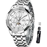 OLEVS Watches Men Luxury Chronograph Moon Phase Waterproof Luminous Watches for Men Analog Quartz Calendar Stainless Steel Strap Wrist Watches-(Black/Blue/Gold/Grey/Silver Face)