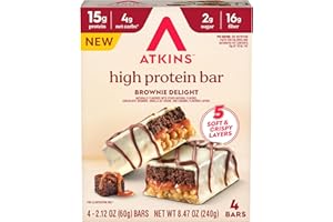 Atkins High Protein Bars, Brownie Delight Flavor, 15g of Protein, 4g Net Carbs, Keto Protein Bars, Low Sugar, 4 Count