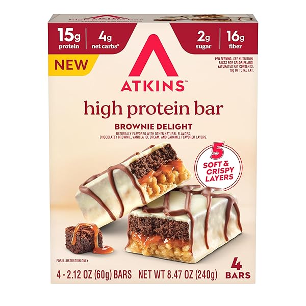 ATKINS HIGH PROTEIN BARS, BROWNIE DELIGHT FLAVOR, 15G OF PROTEIN, 4G NET CARBS, KETO PROTEIN BARS, LOW SUGAR, 4 COUNT