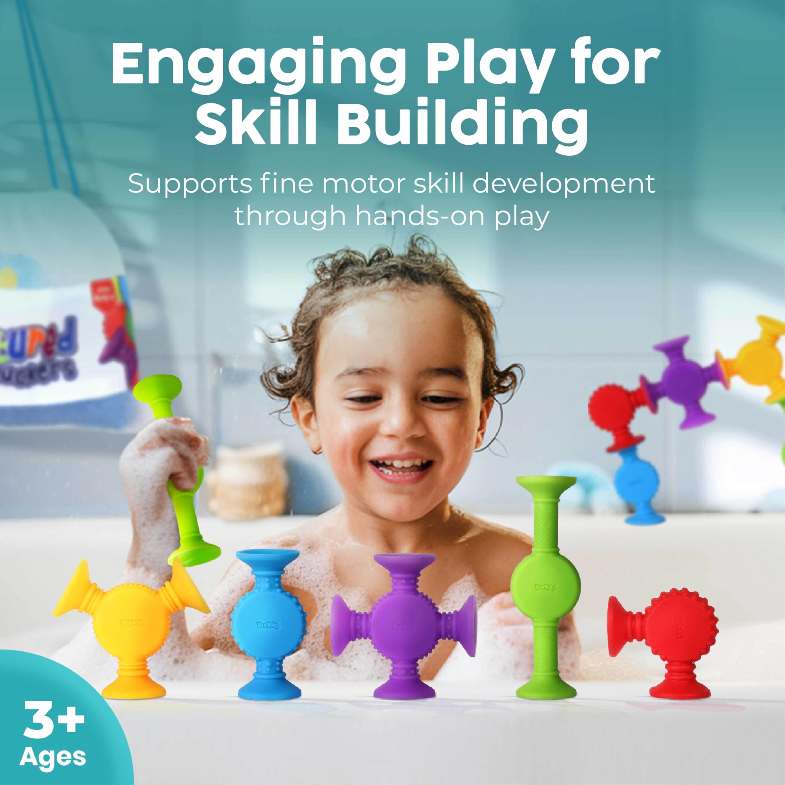 BUNMO Stocking Stuffers for Kids - Toddler Suction Bath Toys - Connect, Build, Create - Toddler Stocking Stuffers - Fine Motor Skills - Stimulating Sensory Fun - Textured 10 Pack