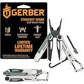 Gerber Gear Stakeout Spark - EDC Camp Multitool Pocket Knife, Baltic Haze | Campsite multitool on a fan-open frame: folding knife, tent stake puller, scissors, tweezers and bottle opener.