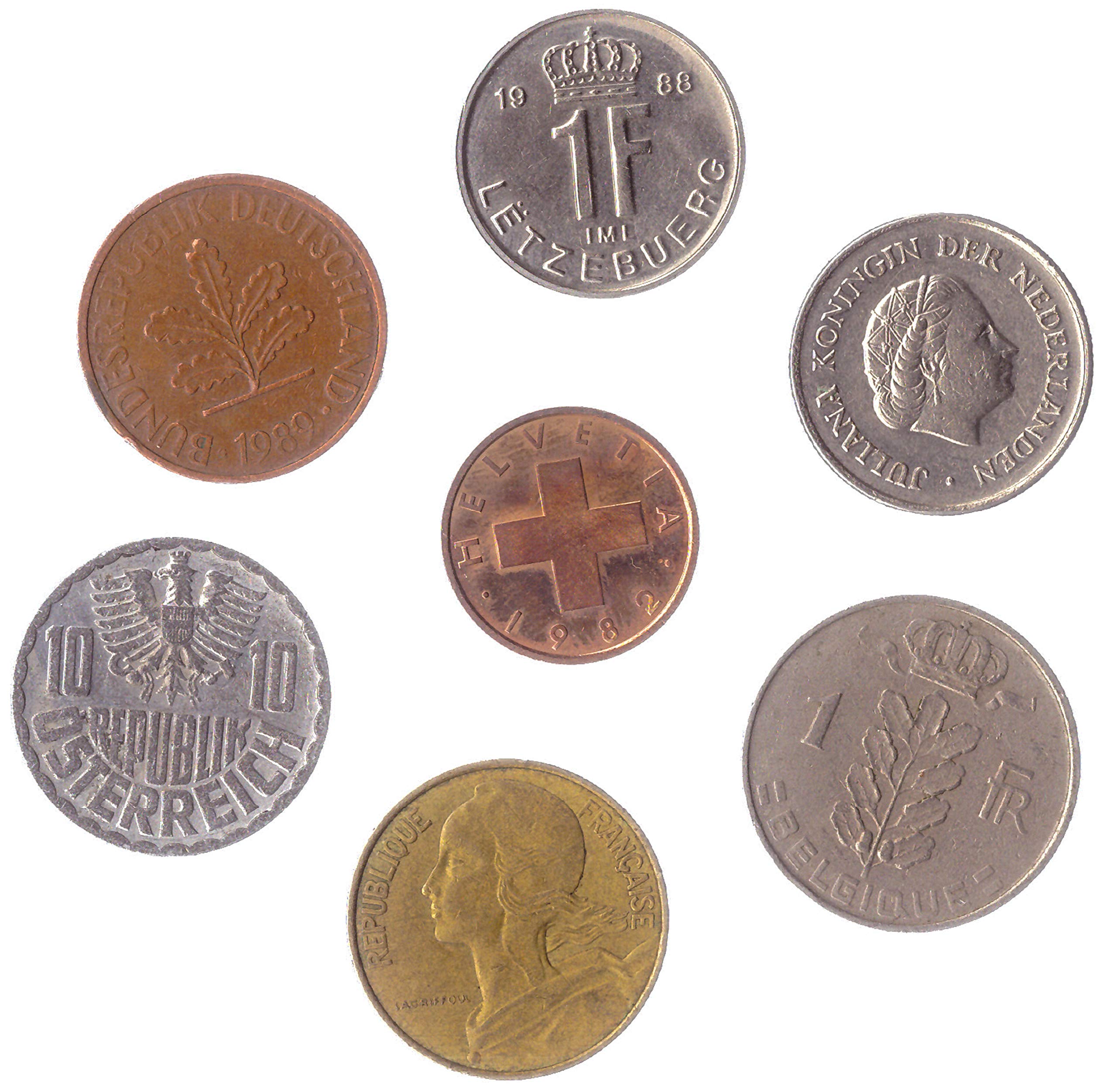 7 Different Coins Picked from These Western European Countries: Austria, Belgium, France, Germany, Luxembourg, Netherlands, Switzerland