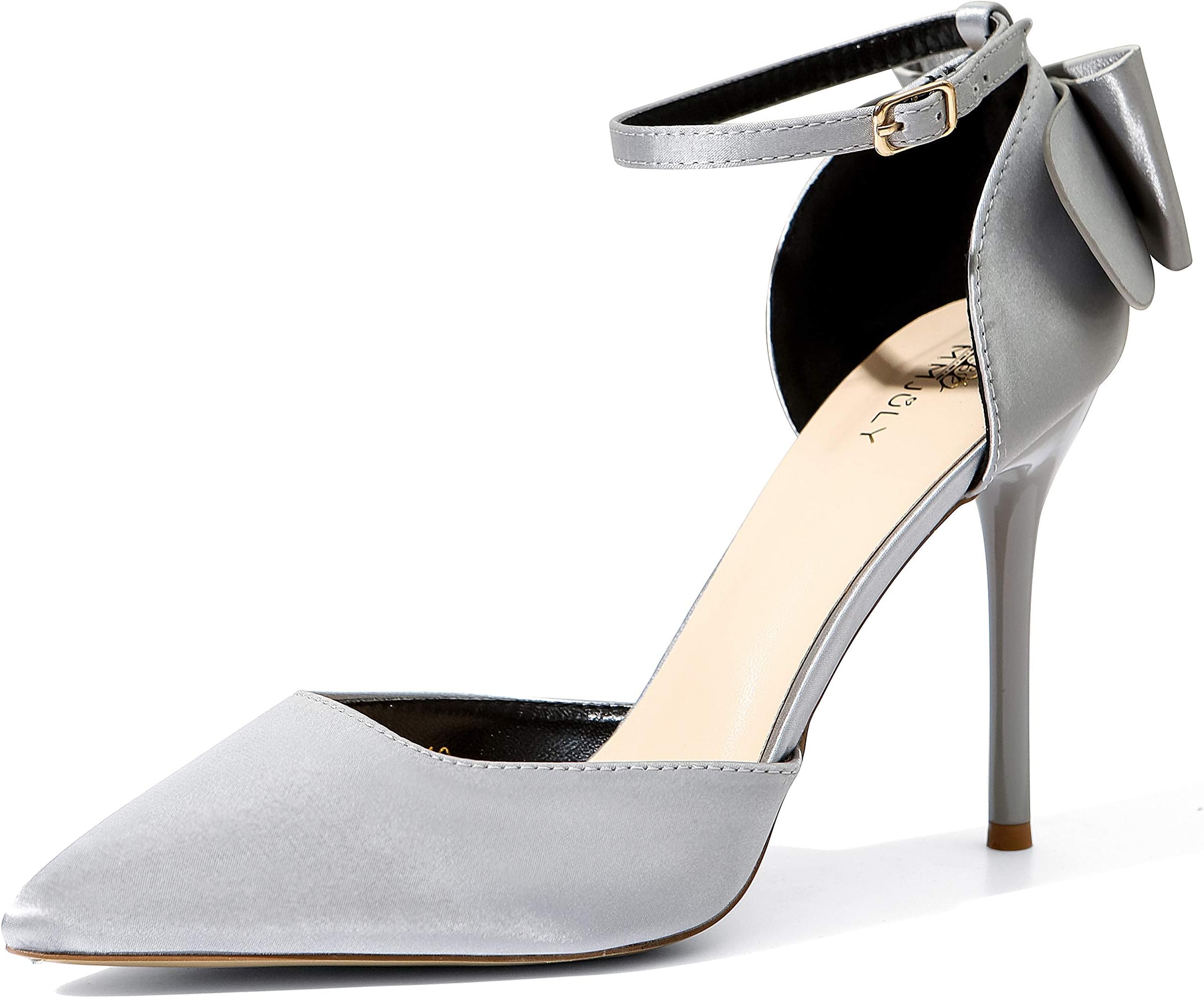 MMJULY Women's Pointed Toe Ankle Strap Bow Stiletto High Heel Satin Wedding Dress Pumps