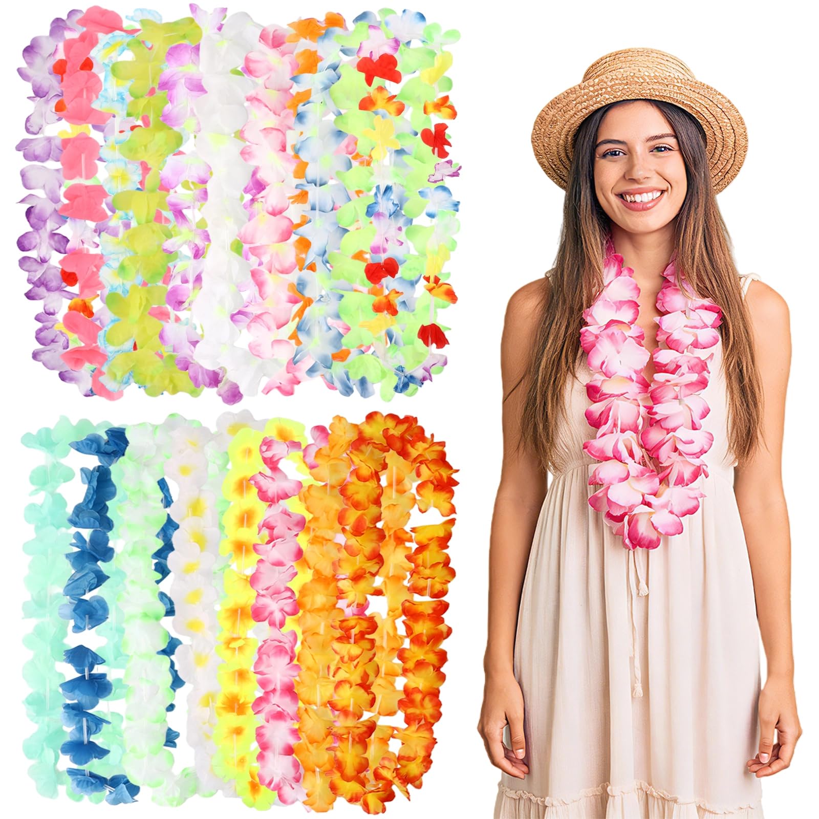 24 Pcs Hawaiian Leis Tropical Flower Necklaces, Colorful Artificial Floral Garlands for Luau Beach Pool Birthday Parties, Random Colors