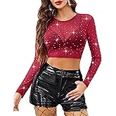 Avidlove Mesh Top Women Rhinestone Sparkly Long Sleeve Sheer Crop Top See Through Shirt Glitter Going Out Tops
