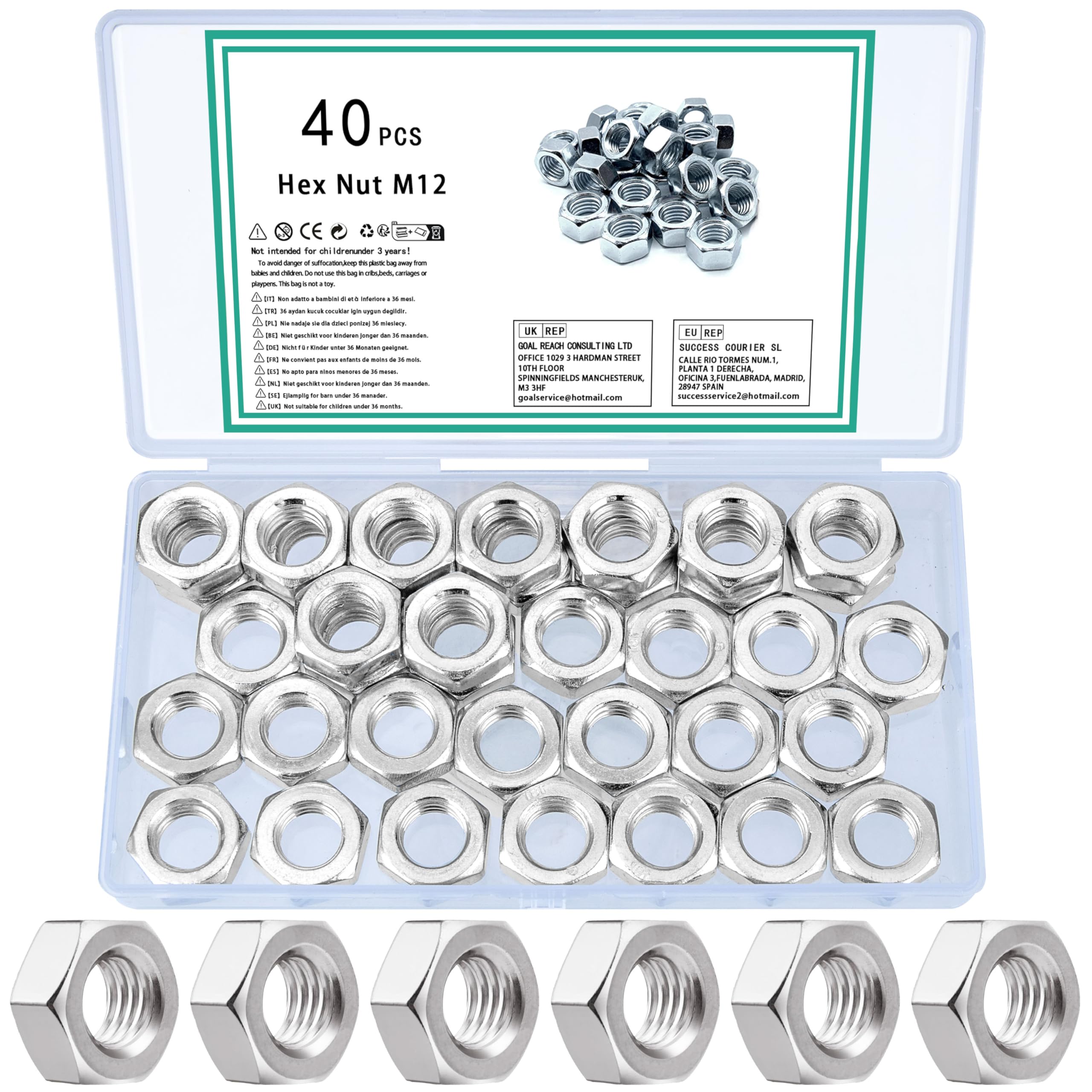 TOOINKCV 40 Pcs M12 Hex Nuts, Metric Hex Nut Set, Assorted Self Locking Nuts Assortment, Metric Standard Thread Carbon Steel Hexagon Full Locknuts