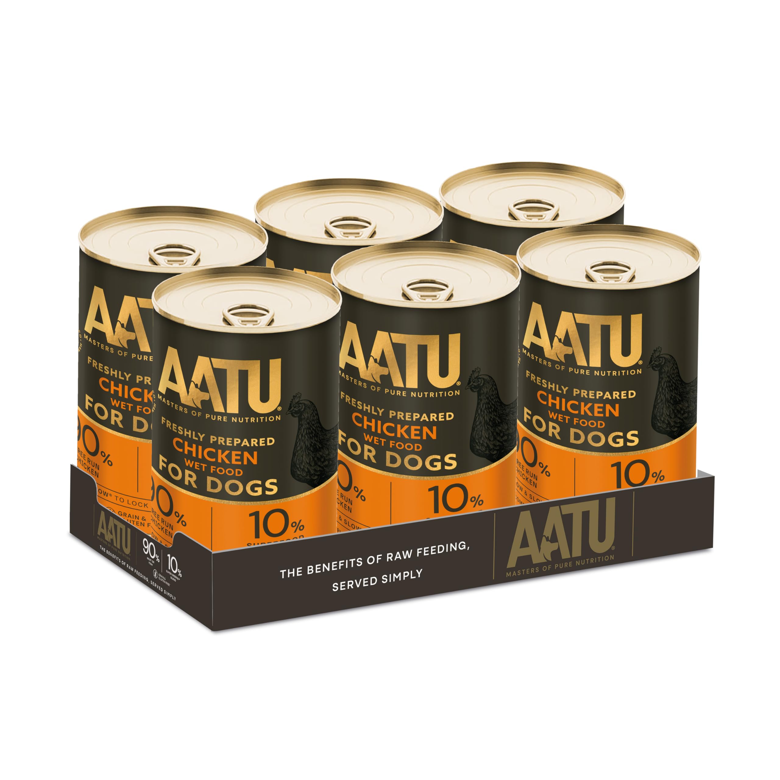 AATU 90/10 Wet Dog Food in a Tin - Chicken (6x400g) - Grain Free Recipe - No Artificial Ingredients - Good for Low Maintenance Feeding. (Packaging may vary).