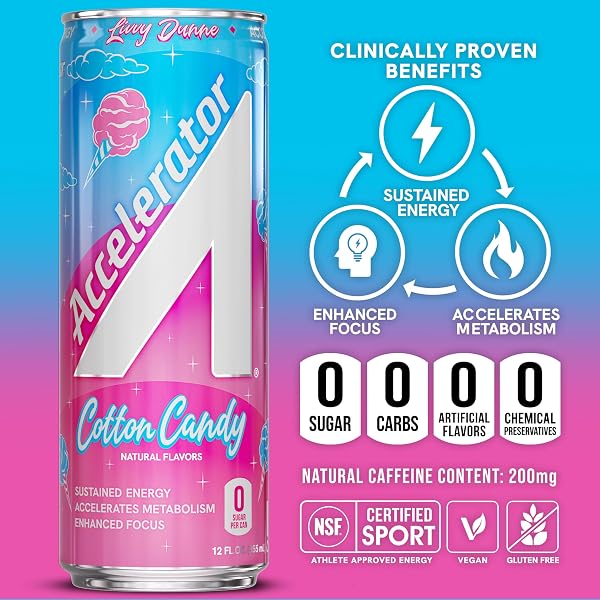 ACCELERATOR ENERGY DRINK, COTTON CANDY 12OZ CAN (12 PACK), ZERO SUGAR, SUSTAINED ENERGY FROM 100% NATURAL CAFFEINE (200MG FROM GREEN COFFEE BEAN & GREEN TEA EXTRACT)