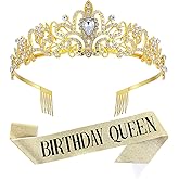 Birthday Queen Sash and Crown Gold Birthday Tiara Crown and Sash Set Glitter Rhinestone Headband Hair Accessories Glitter Crowns for Party Decorations Outfits for Women