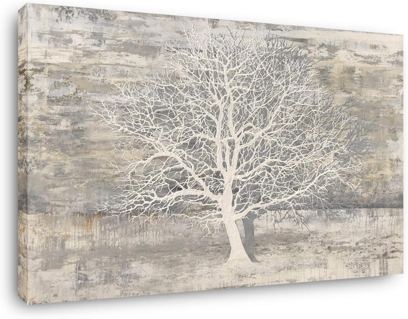 Wall Décor - Yihui Arts Tree Of Life Canvas Wall Art Hand Painted Grey White Beige Paintings Modern Abstract Forest Pictures Artwork for Living Room Bedroom Office Decoration