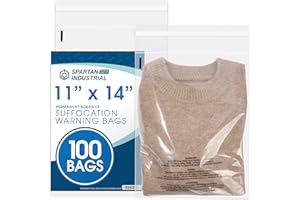 Spartan Industrial - 11” X 14” (100 Count) Self Seal Clear Poly Bags with Suffocation Warning for Packaging, T Shirts - Permanent Adhesive