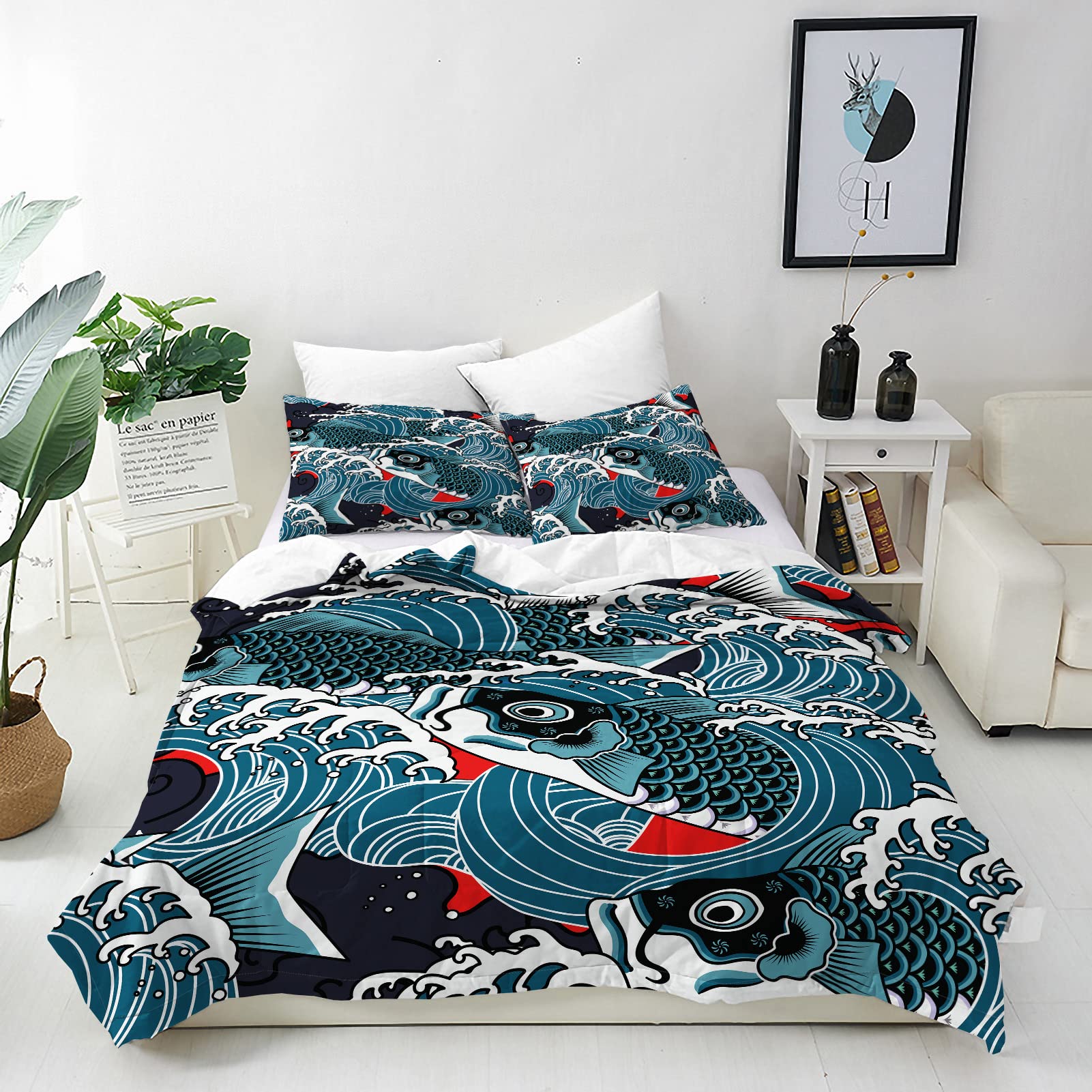 ANHOPE Japanese Duvet Cover Set Soft Comforter Cover Wave Fish Carp Print Pattern 3 Piece Bedding Set with Pillowcase All Season Decorative Quilt Cover with Zipper for Kids Adults King Size