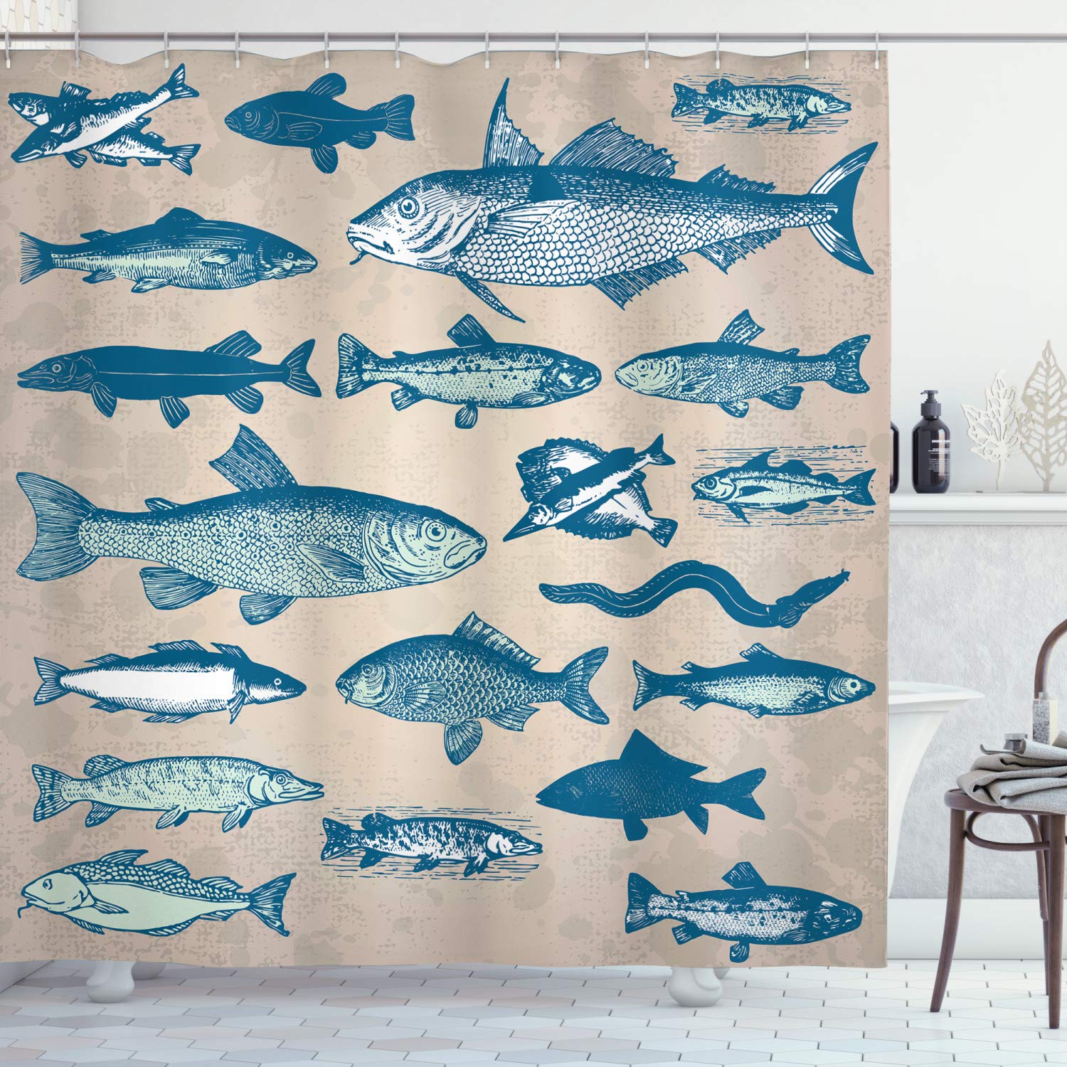 ABAKUHAUS Fish Shower Curtain, Vintage Style Group of Various Different Fish Animals Seafood Theme Grunge Effect, Cloth Fabric Bathroom Decor Set with Hooks, 94 Inches, Multicolor