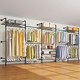 Timate F5 Expandable Wall Mounted Clothes Rack with 8 Adjustable Shelves &amp; 4 Expandable Hanger Rods, Heavy Duty Industrial Pipe Clothing Rack for Hanging Clothes, Fits Spaces 10'3"- 12'3", Black