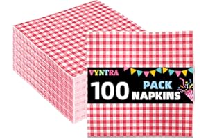 Vyntra Gingham Disposable Paper Napkins, 100 Count Checkered Party Tableware (Red Gingham)