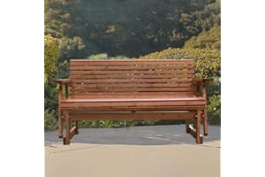 Beneouya 2-Seater Outdoor Glider Rocking Chair, 5FT Wood Patio Glider with High Roll Back, Cupholders and Deep Contoured for Porch, Garden, Cedar Brown