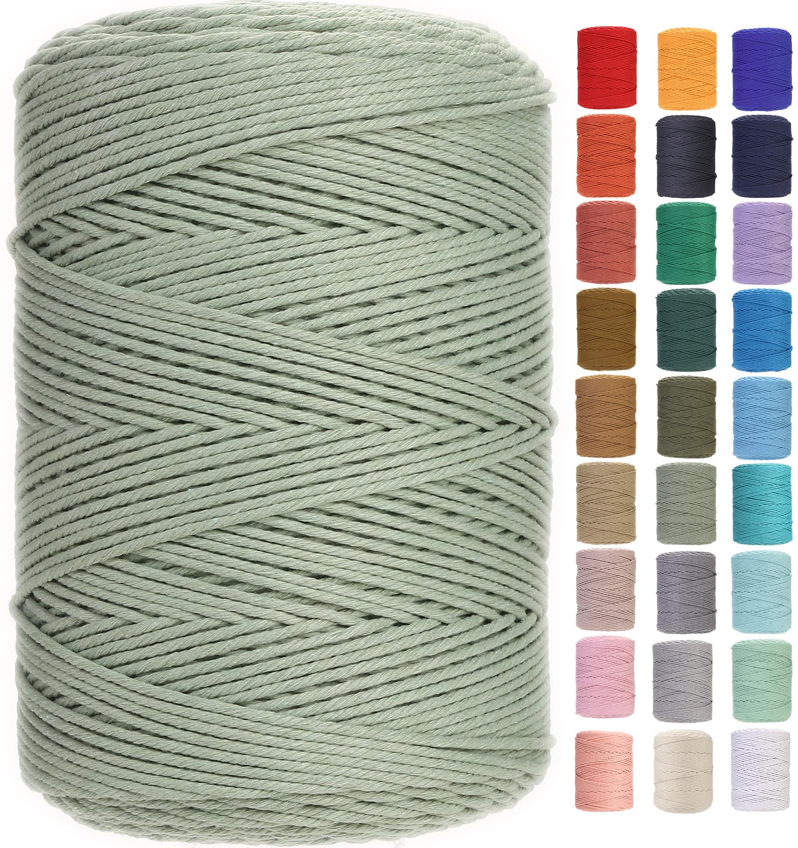 GOHOF Macrame Cord 3mm x 450m Premium Cotton Macrame Rope, 4 Strand Twisted Soft Cotton Cord, One of The Most Perfect Materials for Macrame Art, Cotton String Without Chemicals (Pea Green) — image 1