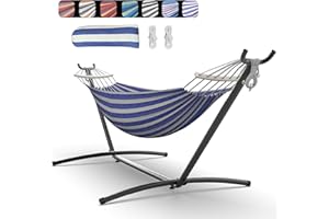 Everyfun Double Hammock with Space-Saving Steel Stand, 2 Person Heavy-Duty Hammock for Garden, Yard or Outdoor, 600lbs Capacity, Blue White
