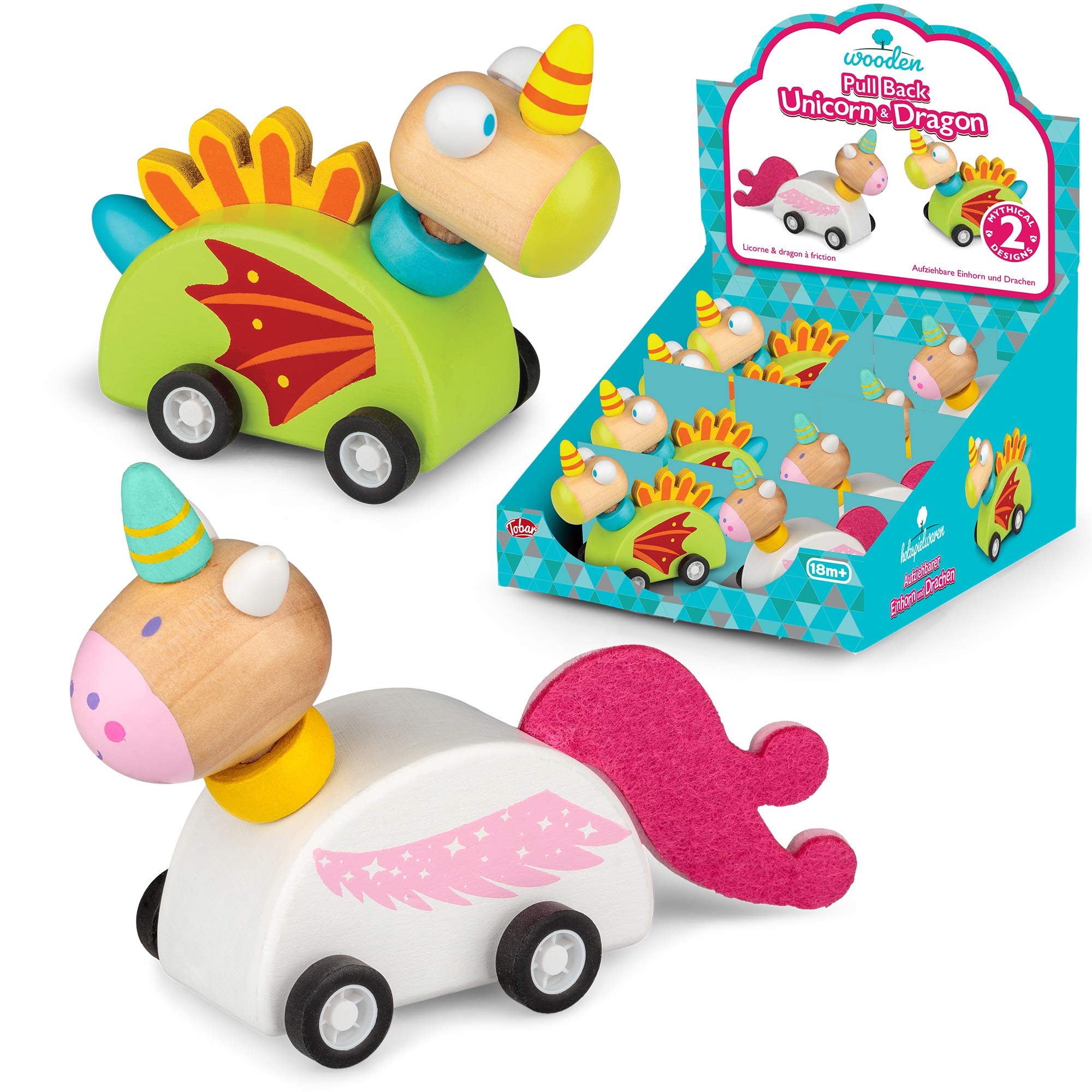 Tobar Wooden Clockwork Pull Back and Go Unicorn or Dragon Toy – 1 Design Sent at Random, Assorted Designs and Colours,38193