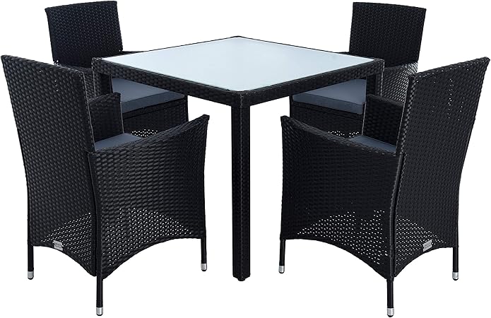 Amazon De Estexo Polyrattan Gartenmobel Set Sitzgruppe Rattan Gartenset Essgruppe Stuhl Tisch Set Garten Tisch Und Stuhl Set 4 Personen Glas Glastisch Schwarz