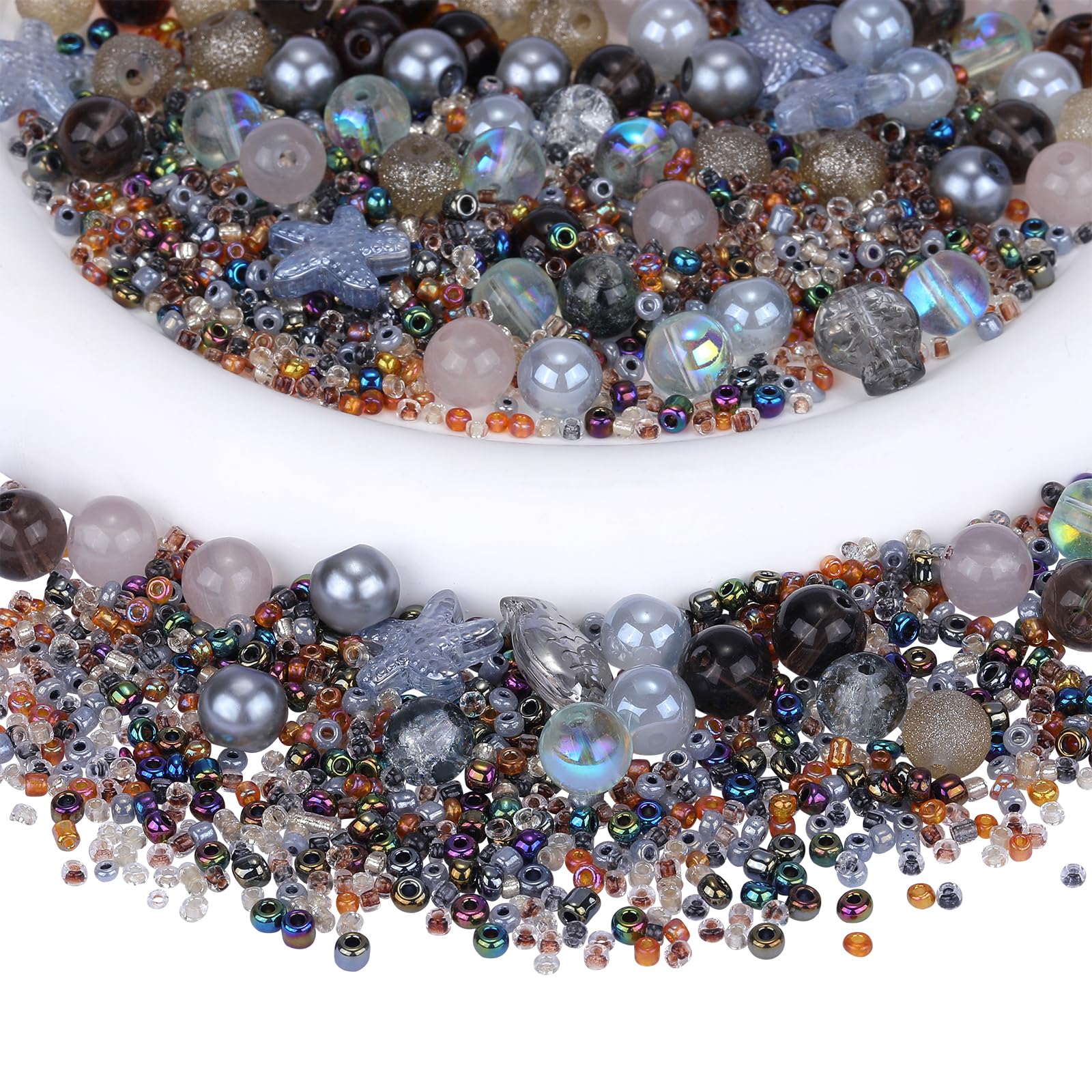 BEEFLYING 700pcs Glass Round Crystal DIY Beads with Ocean & Seed Beads for Jewelry Making (Grey)