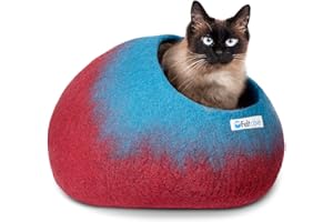 Feltcave Medium Cat Cave Bed | Maroon & Aqua | Cute and Cozy Cat Cave Handcrafted Merino Wool | Hideaway for Indoor Cats | Warming Nest for Kitty | Washable Wool Fabric - Gift for Pets
