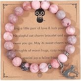 Mikovivi Pink Cat Stone Bracelet, Mood Anxiety Healing Lucky Beaded Crystal Bracelets with Greeting Card Cats Charm for Women Gifts